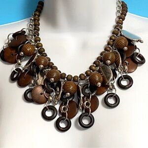 Wood Beads Silver Tone Boho Statement Necklace
